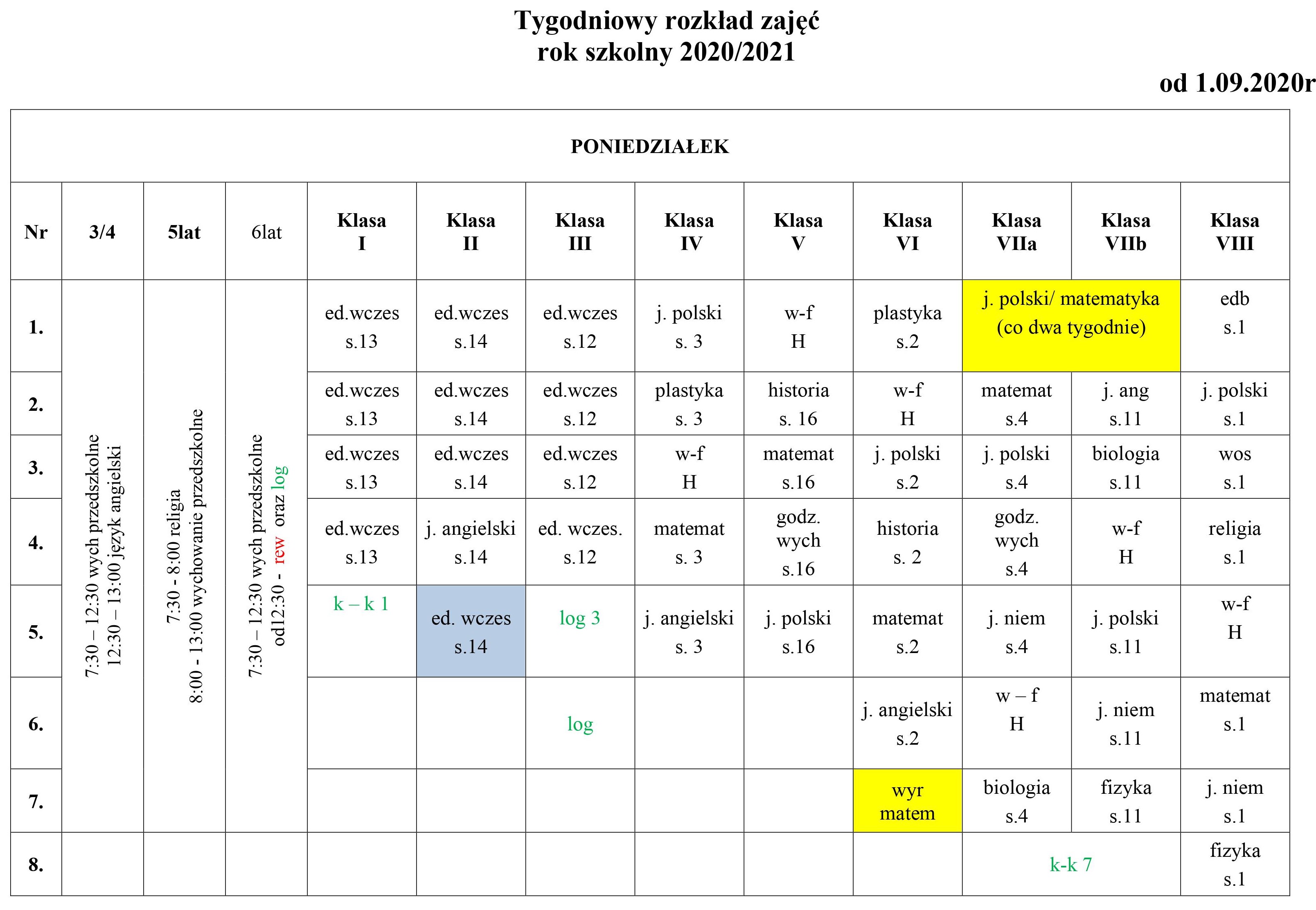 Szkoła Podstawowa w Dzierzgowie - Plan lekcji